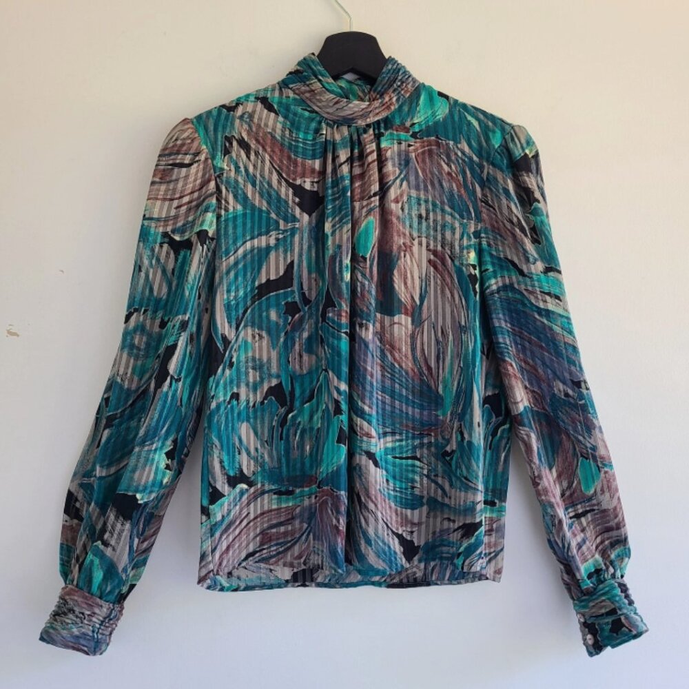 Vintage 90s High Neck Semi-Sheer Blouse 4P Petite Bust 35" Edwardian Teal Tan
